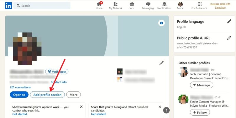 Clicking the "Add profile section" button in LinkedIn on PC.