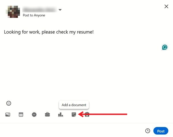 Pressing the "Add a document" button in LinkedIn on PC while creating a new post.