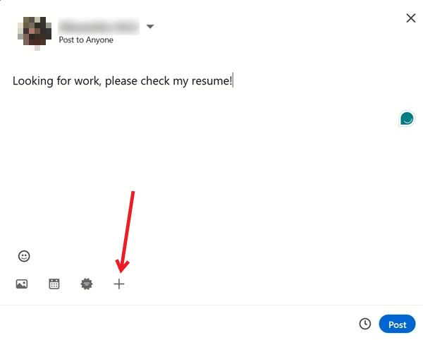 Pressing "+" button after adding text for resume in LinkedIn on PC.