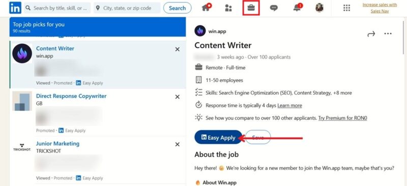 Pressing "Easy Apply" button for job in LinkedIn on PC.
