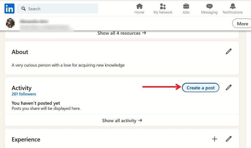 Pressing on the "Create a post" button in LinkedIn on PC. 