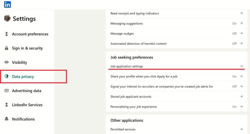 Selecting "Job application settings" under "Data privacy" menu in LinkedIn on PC.