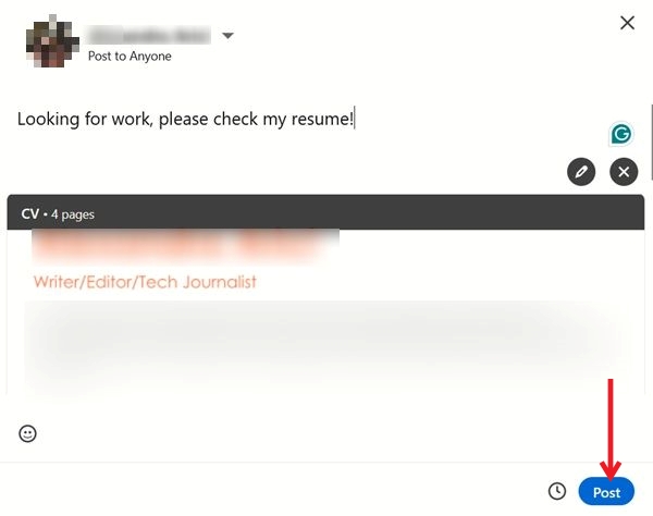 Pressing on "Post" button in LinkedIn on PC. 