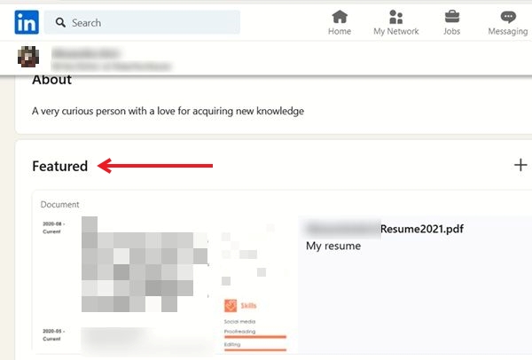 Featured section view in LinkedIn on PC showing uploaded resume.