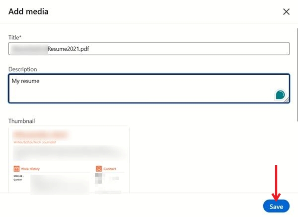 Adding description for LinkedIn resume and pressing Save button on PC.
