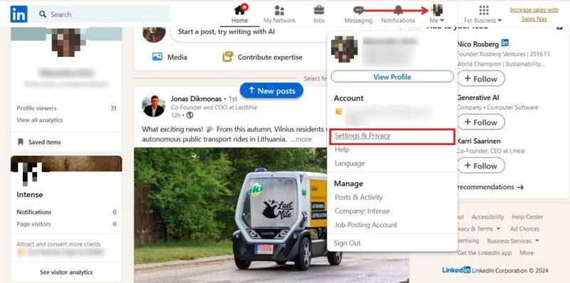 Clicking on "Settings & Privacy" option in LinkedIn menu on PC.