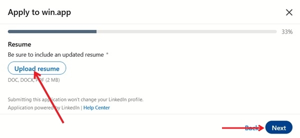 Pressing the "Upload resume" button while applying for a job on LinkedIn on PC. 