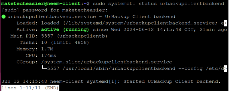Output of the systemctl status command, which shows the active and running state of the UrBackup Ubuntu Client service.