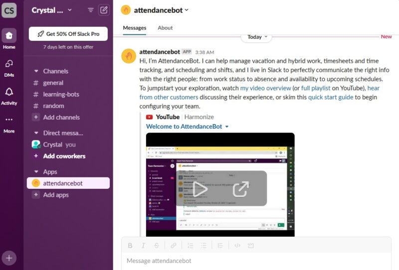 A welcome message and tutorial from AttendanceBot in Slack.