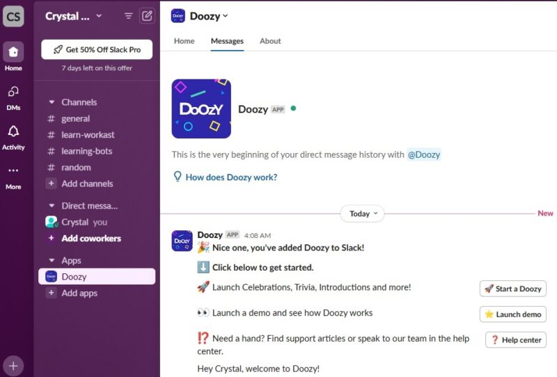 Getting started with Doozy in Slack.