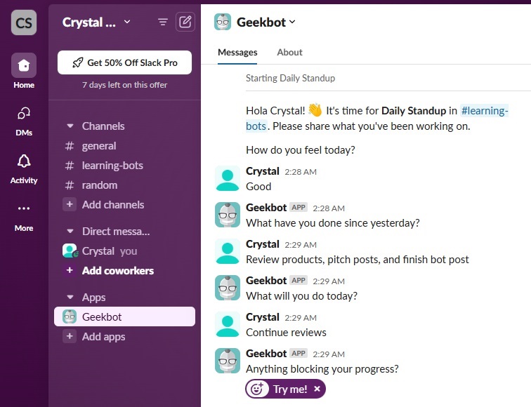Geekbot performing a daily check-in in Slack.