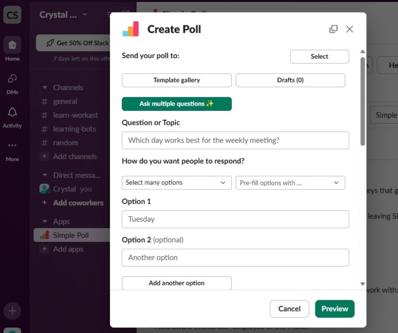 Creating a poll using the Simple Poll bot in Slack.