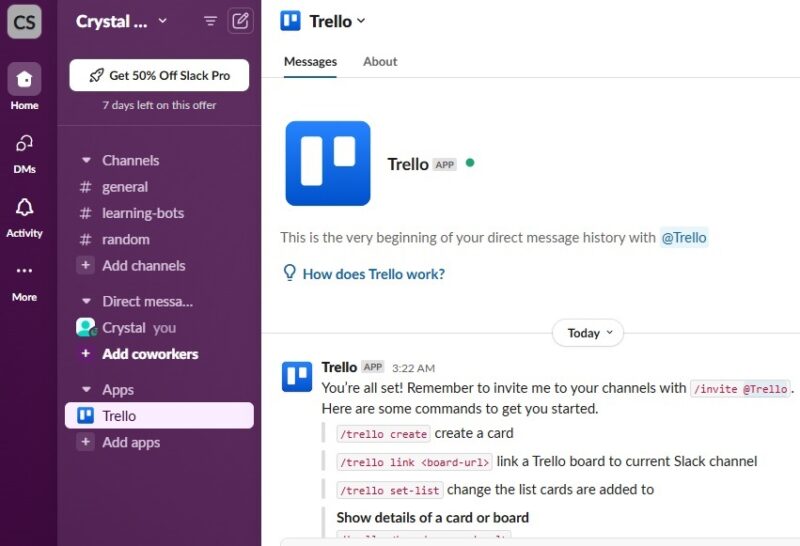 Using one of the best productivity bots for Slack, Trello. 