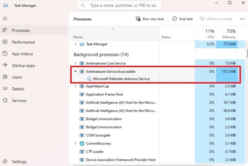 Viewing the antimalware service executable running in Task Manager.