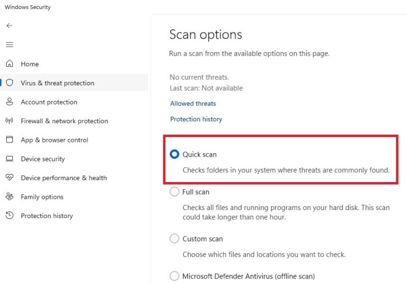 Set up a quick scan in Windows Security to reduce high CPU usage.