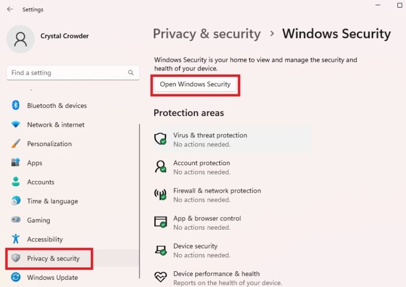 Opening Windows Security to temporarily disable Microsoft Defender.