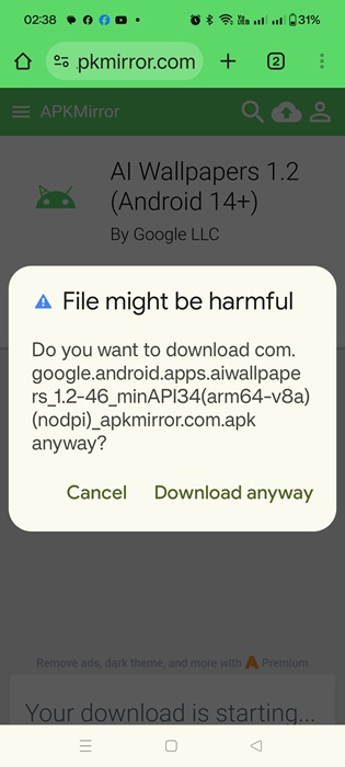 File harmful alert on APK Mirror site.,