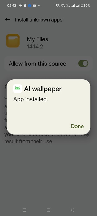 App installed alert for AI Wallpapers on Android 14.