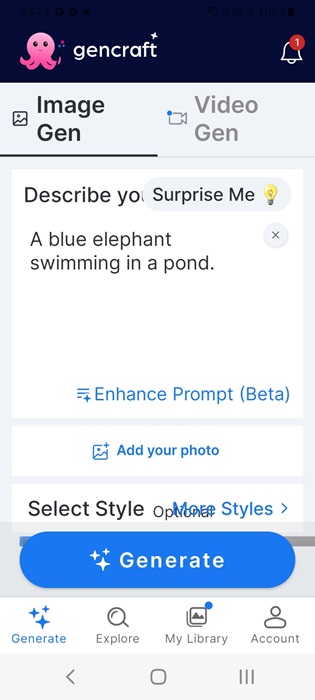 Enter a text prompt in Gencraft app for Android image creation.