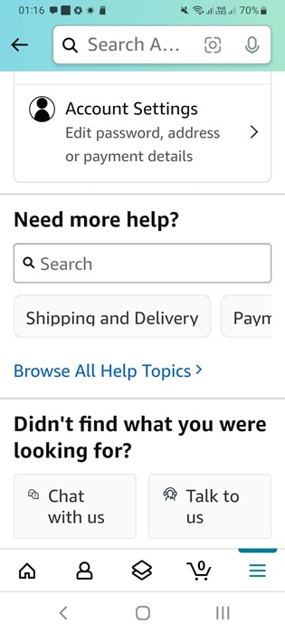 "Chat with us" section in Amazon mobile app (Android.)