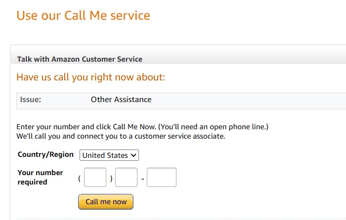 Amazon's call me service to get an Amazon representative to call you on your registered mobile number.