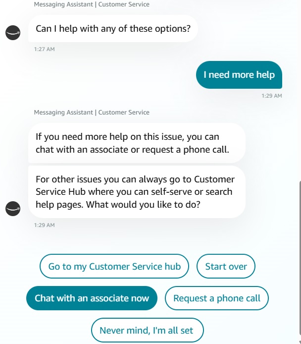 Select "Chat with an associate now" using Amazon's Live Chat app.