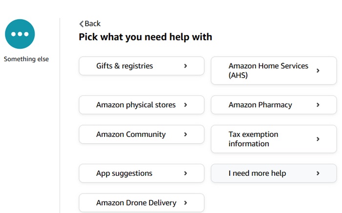 "I need more help" section in Amazon customer service webpage.