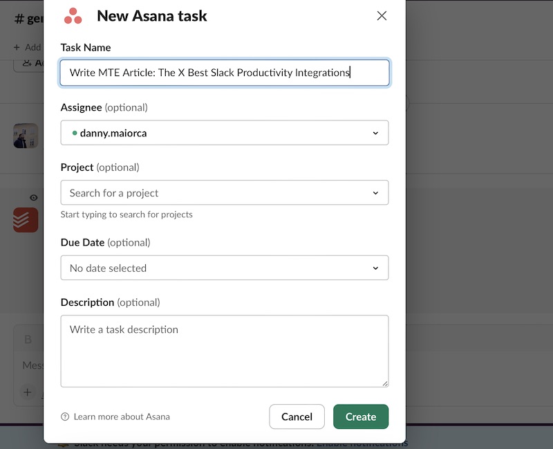 Using the Asana/Slack Integration to Create a New Task in the App