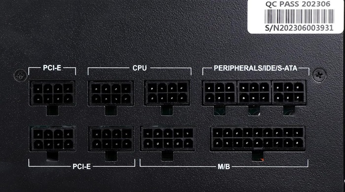 PCIe connector ports visible along with ATX motherboard ports on a power supply.