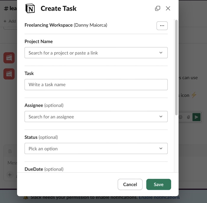 The window for creating a Notion task within Slack
