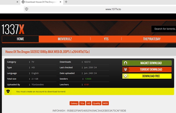 Downloading a magnet link with DuckDuckGo in another tab.