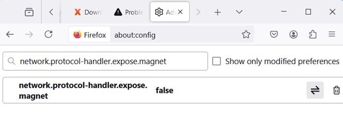 Firefox network magnet protocol toggle has its value set as "false."