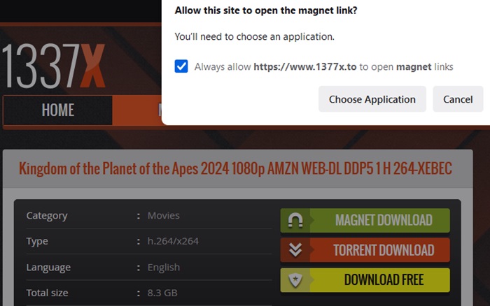 Warning message on Firefox while opening a magnet link.