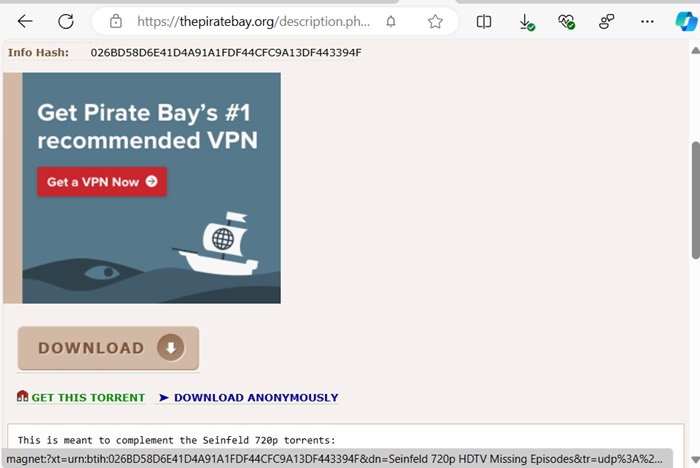A torrent's magnet link visible at the bottom of a Microsoft Edge browser web page.