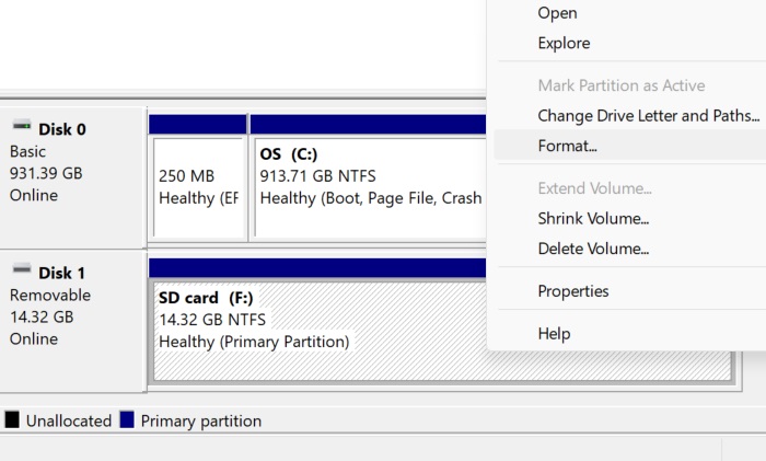 Click "Format" for SD card in Windows 11 Disk Management tool.