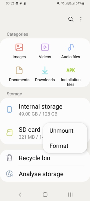 Unmount an SD card from an Android phone.
