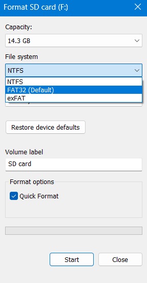 Click the "Start" button to format an SD card disk in Windows 11 in FAT32 mode.