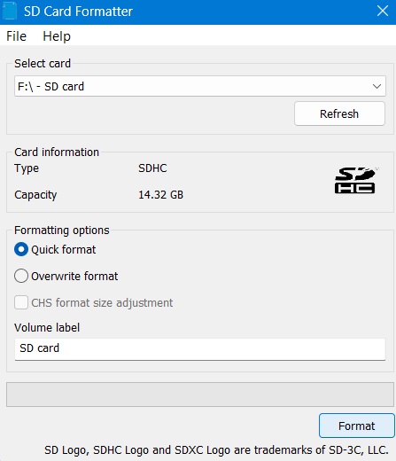 Use SD Card Formatter Software in Windows to format an SD card for Android.