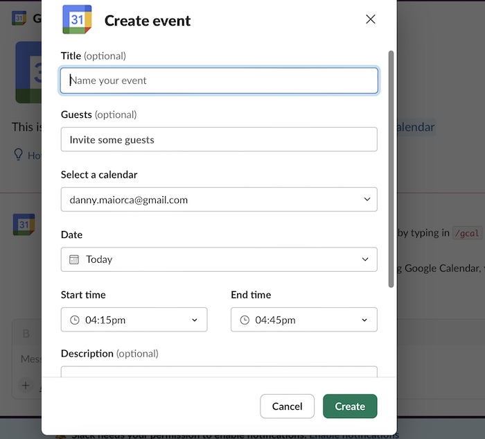 Event Creation in the Google Calendar Integration With Slack 