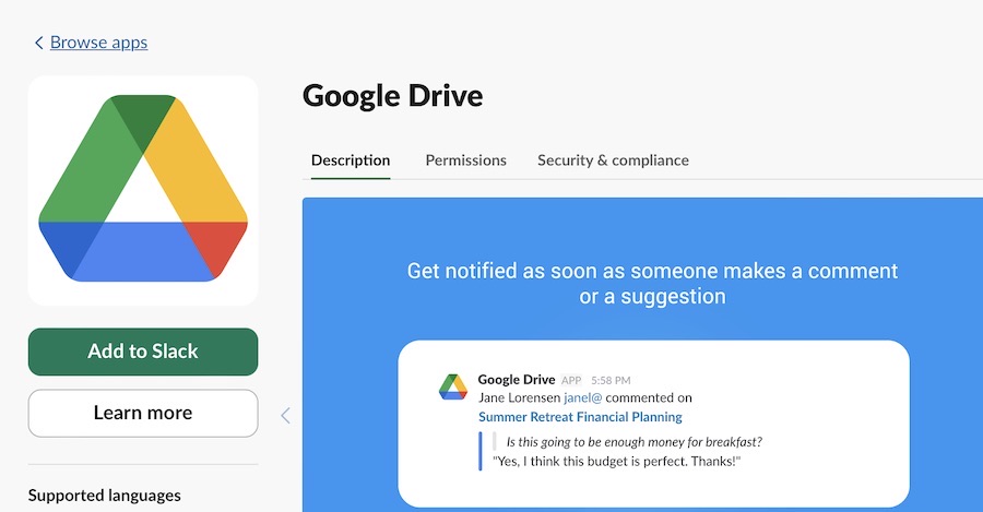 Google Drive Add-On In Slack App Directory 