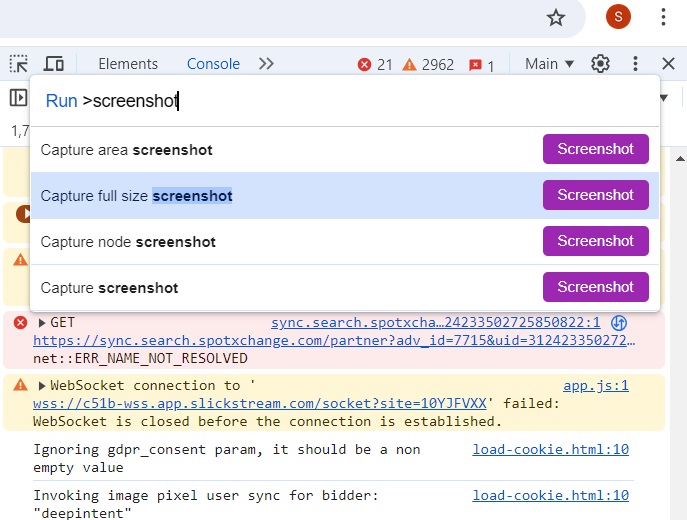 Select Capture full size screenshot in Console under Run command in Google Chrome's Developer Tools.