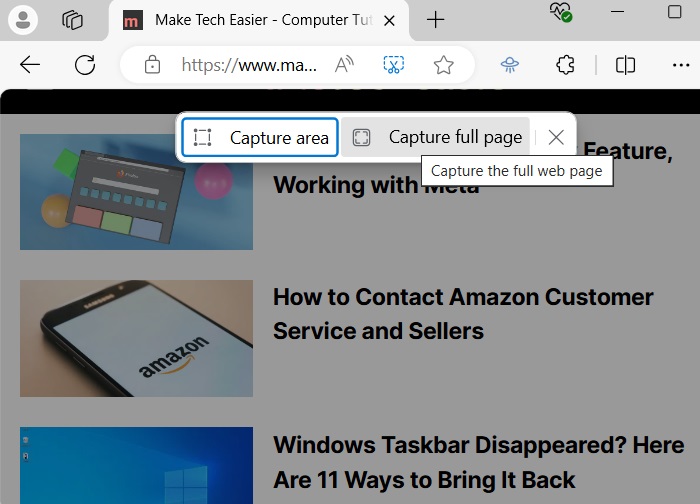 Taking a scrolling screenshot in Edge browser by capturing a full page.