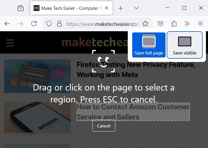 Save Full Page on a Mozilla Firefox webpage using the integrated Screenshot tool.