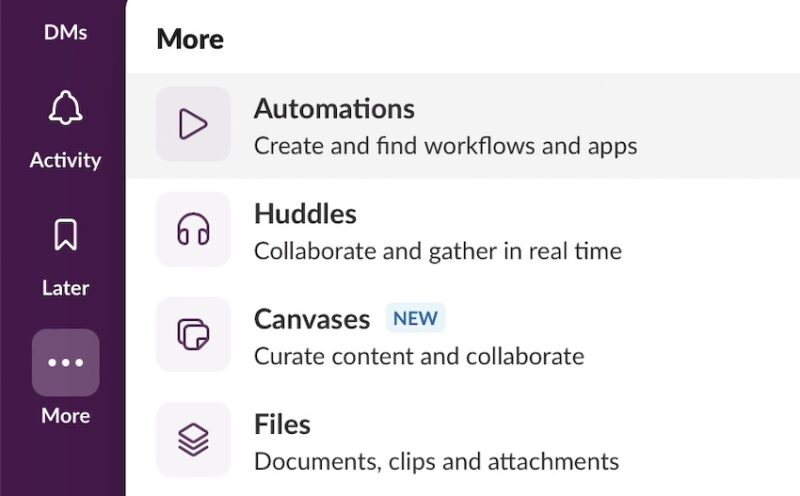 Select Automations In Slack Via More