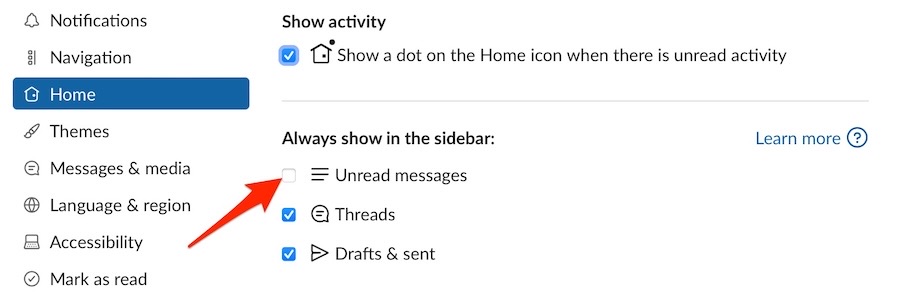 Tick a box to show your unread messages in Slack