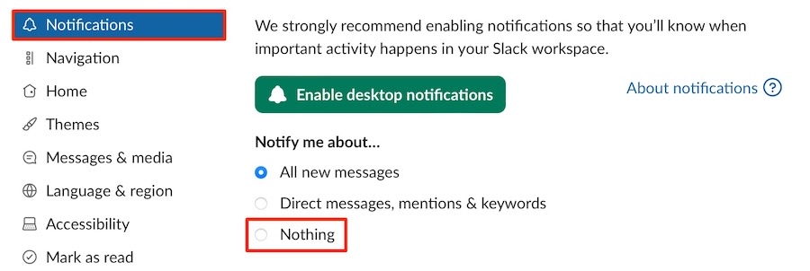 Turn off all Slack notifications via the app's preferences