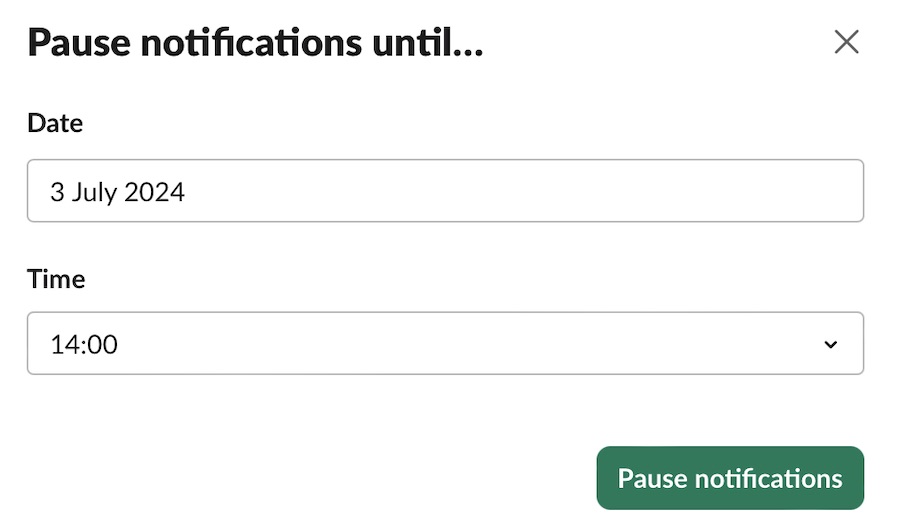 Pause your notifications in Slack via the pop-up window