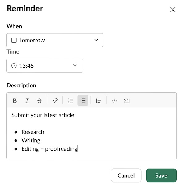 Set and customize your individual reminders in Slack