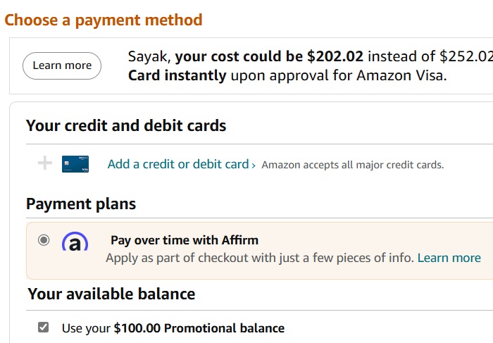 Appy for Amazon Visa Card and Pay over time with Affirm.