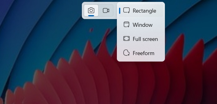 Using Rectangle snip with other options displayed including window, freeform, and full screen.